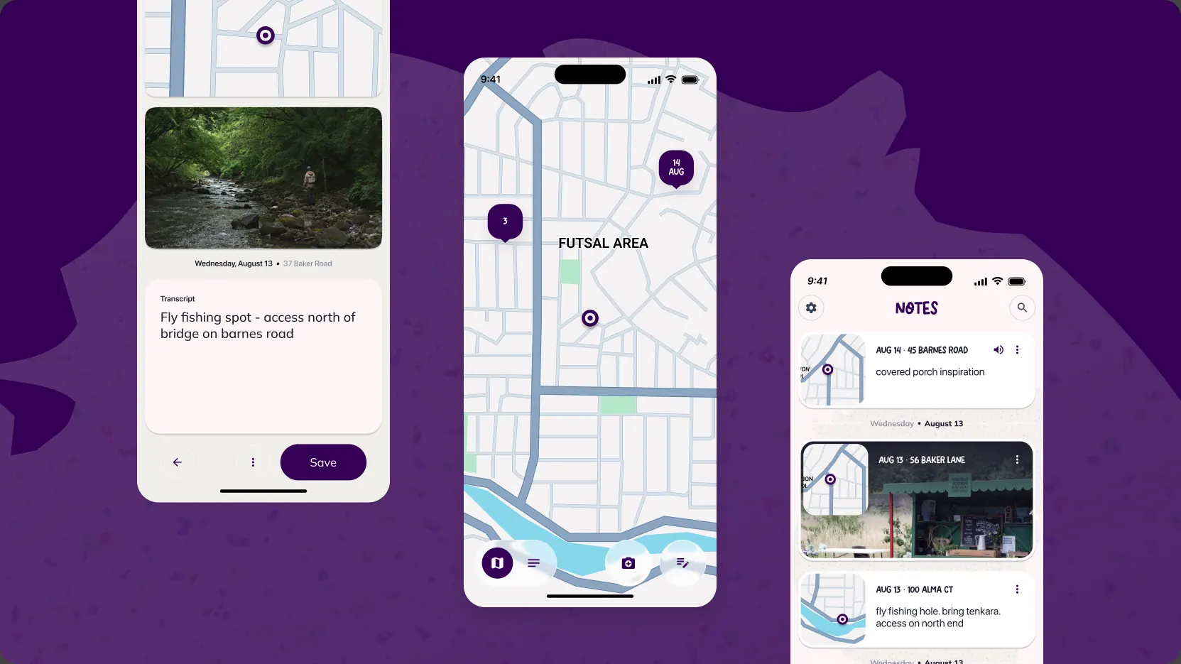 Coordinote screens: a field note, a map of pins, and a notes list