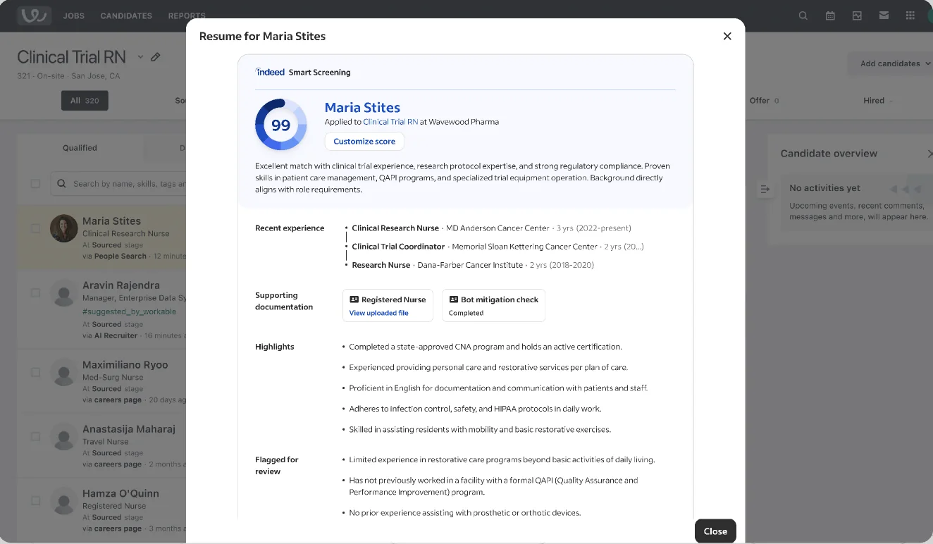 Resume summary for Maria Stites: Indeed Smart Screening score of 99 for Clinical Trial RN at Wavewood Pharma, with recent experience, supporting documentation, highlights, and items flagged for review