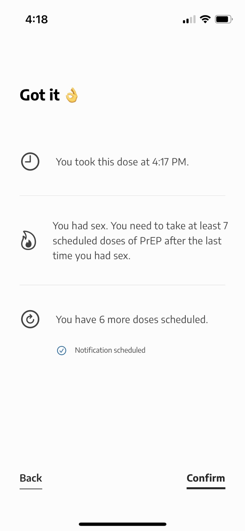 Previous dose recording: confirmation