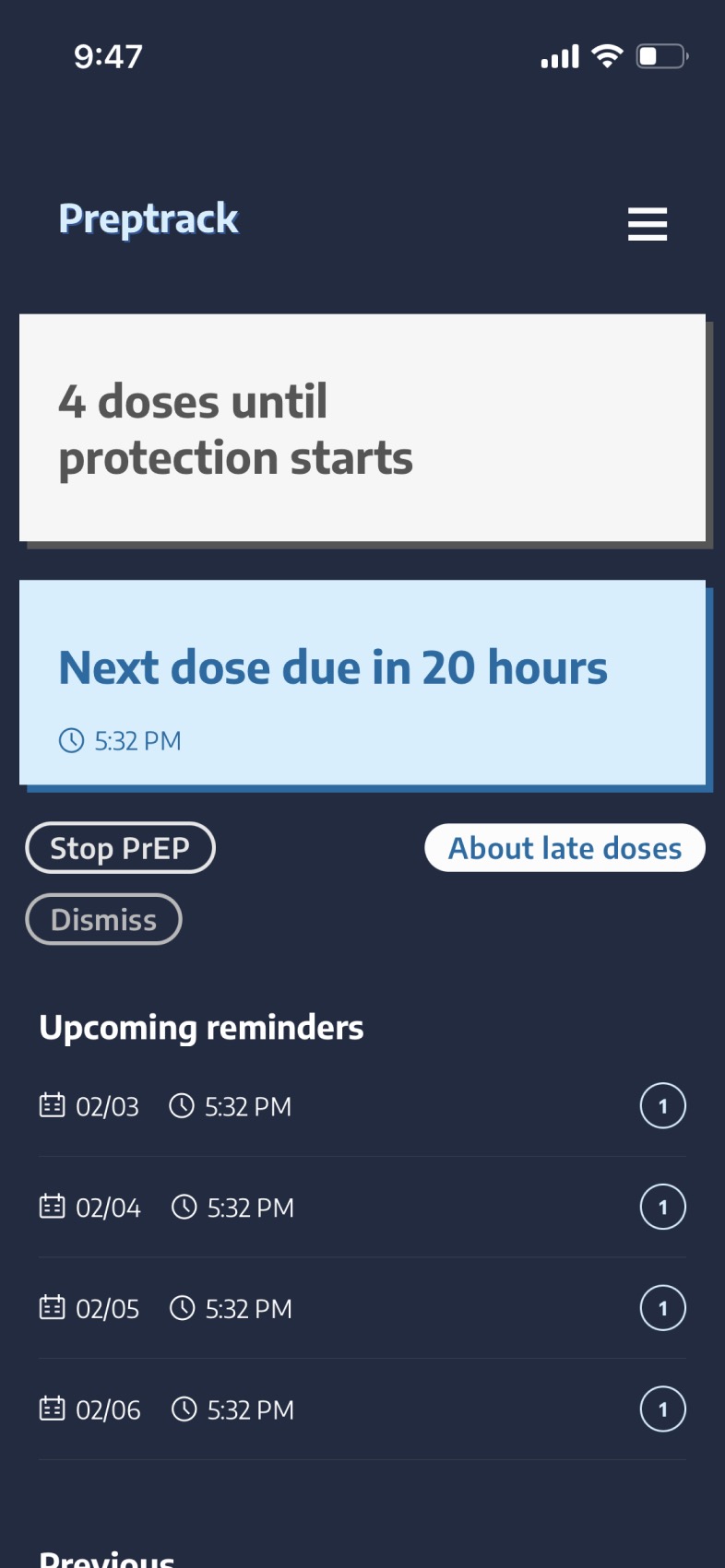 Previous tracking home, with doses remaining and upcoming reminders