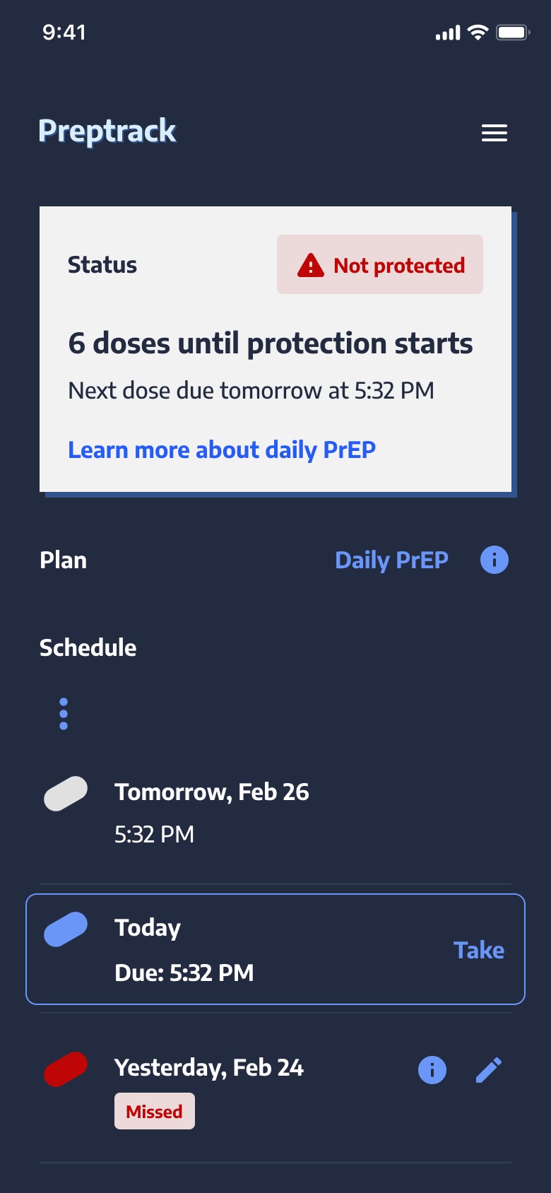 Updated tracking home, with protection status and a daily schedule