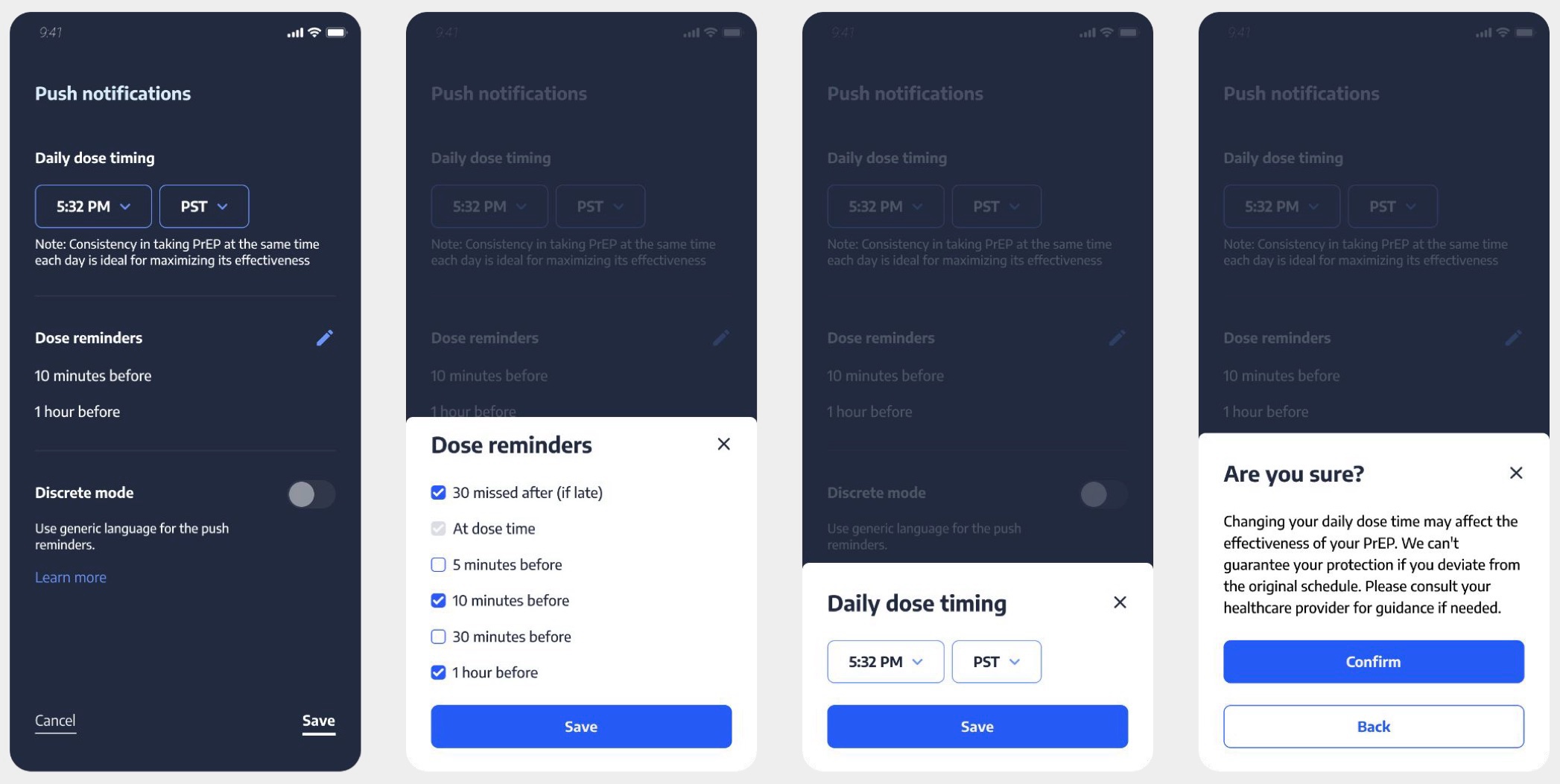 Updated push notification settings with dose reminder, dose timing, and confirmation sheets