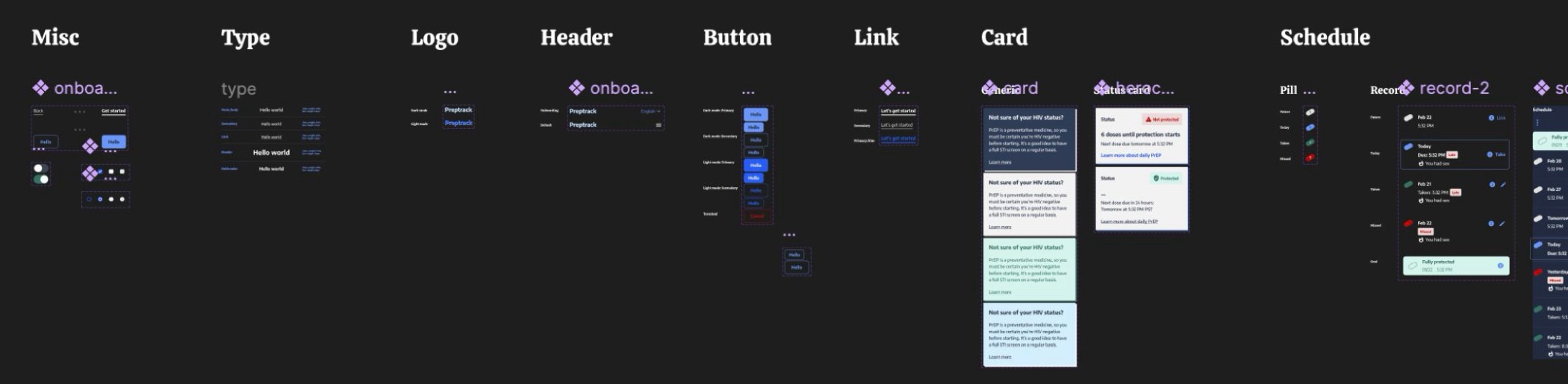 MVP design system components in Figma: misc, type, logo, header, button, link, card, and schedule